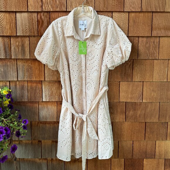 NWT Sam Edelman Short Sleeve Tan Eyelet Button Front Shirtdress in Women's 16 - Picture 2 of 16